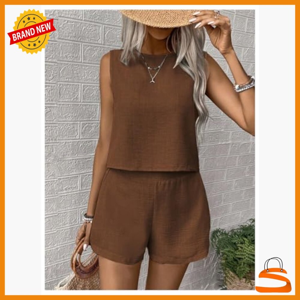 Large Polyester 2-Piece Short Set, Sleeveless Tan… - image 5